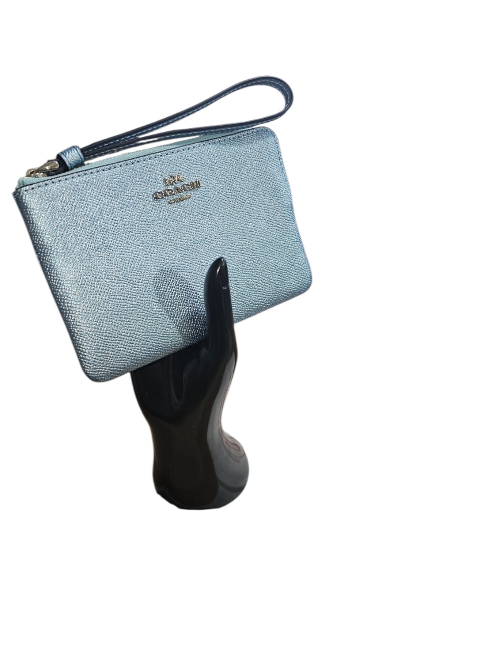 Coach Metallic Blue Corner Zip Wristlet Crossgrain Leather EUC w/ Dust Bag - Picture 6 of 9